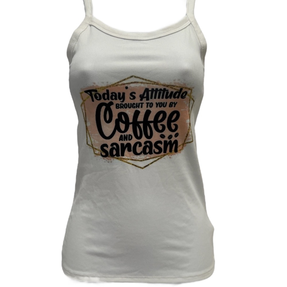 Coffee & Sarcasm Graphic Tank Top | White Ribbed Cami - Size S - NWT